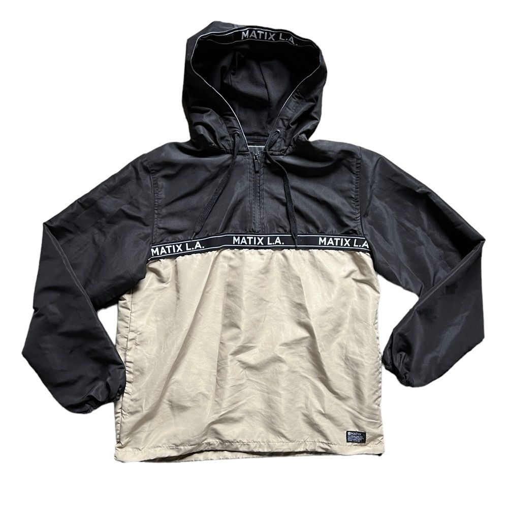 Matix 1/4 Zip Hooded Nylon Pullover Windbreaker Beige Black Men's size Large